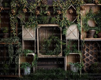 Rustic Crates with Plants, Greenery & Lights Photography Backdrop - Garden, Spring, Moss, Wreaths, Vines, Dark Wood, Cake Smash, Easter