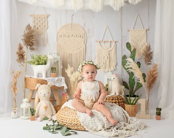 Boho Llama Photography Backdrop - Bohemian, Macrame, Pampas, Cactus, Plants, Greenery, natural, neutral, Hippie, Organic, Hippy, Cake Smash