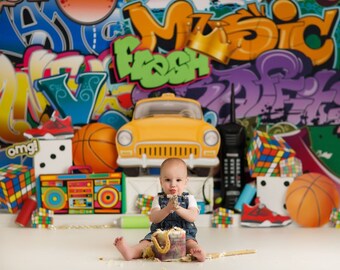 The Fresh One 90s Hip Hop Graffiti Wall Photography Backdrop, Music, Boombox, Rap, R&B