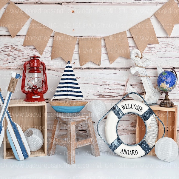 Nautical Photography Backdrop - Birthday, Boats, Buoy, Anchor, Lighthouse, Fishing, Sun, Sailboat, Globe, Oars, Boating, Boats, Wood Planks
