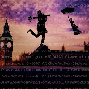May include: Silhouette of a chimney sweep in a black suit and hat, holding a brush, walking on a rooftop with Big Ben in the background. A woman in a dress is flying with an umbrella in the air. The sky is a vibrant orange and purple sunset.