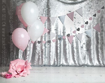 DIGITAL DOWNLOAD: Backdrop, Background, Silver Sequin, Birthday, Cake Smash, Paper Flowers, Banner, Party, Balloon, Instant, Photography