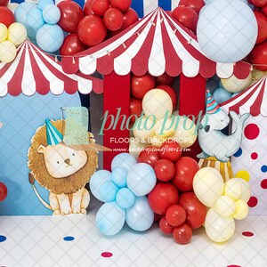 Vintage Red & White Circus Tent Photography Backdrop - Big Top, Carnival, Fair, Rides, Tickets, Amusement, Lion, Seal, Birthday, Cake Smash