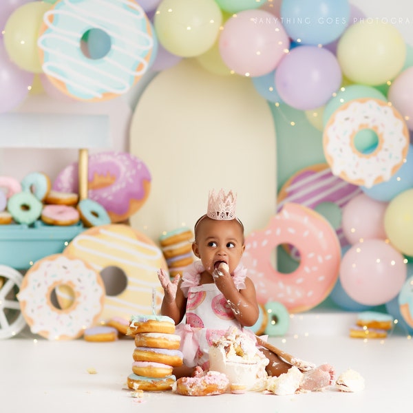 Donut Stand Photography Backdrop - Donut Grow Up, Birthday, Party, Pastry, Cake Smash, Doughnut, Two Sweet, Donut Change Balloon Arch Pastel