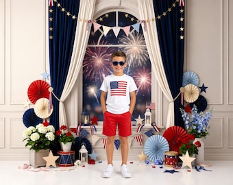 Patriotic Fireworks Window Photography Backdrop, Elegant Red White Blue Celebration Theme, 4th of July Party Photo Booth Background