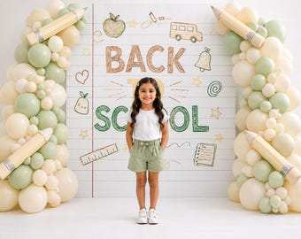 Neutral Back to School Notebook Paper Photography Backdrop, Pencil Balloon Arch, Sage Cream Classroom First Day Photos, School Portraits