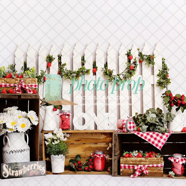 Strawberry Stand Photography Backdrop - Cake Smash, Jars, Jam, Strawberries, Sweet, Fresh Picked, Farmers Market, Birthday Shortcake, ONE