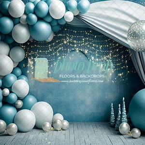 Surreal Blue and White Balloon Arch Photography Backdrop - Glittery, Shiny, Curtain, Floating, Garland, Gold Glitter, Dreamy, Cake Smash