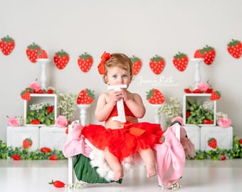 Strawberry DIGITAL Photography Backdrop - Picnic, Strawberries, Two Sweet Fresh Picked Farmers Market Shortcake Fruit Stand Roses Cake Smash