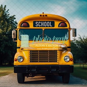 May include: A yellow school bus with the word "SCHOOL" displayed above the windshield. The bus is parked on a paved road with trees in the background. The sky is a light blue color.