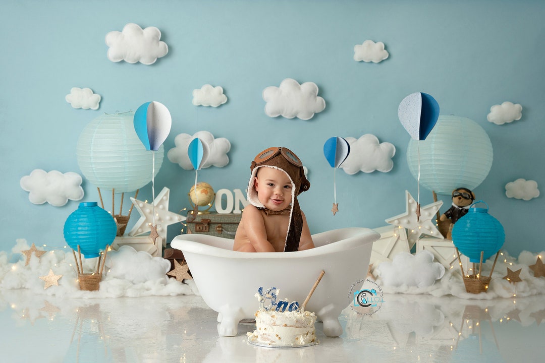 Hot Air Balloon and Puffy Clouds Photography Backdrop - Sky, Cake Smash ...