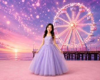 Beach Pier Pink Ferris Wheel Photography Backdrop - Pink and Purple Sky, Carnival, Big Top Amusement Park, Bokeh Lights, Ocean Sunset