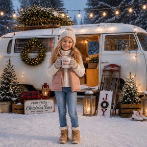 May include: A white vintage van decorated with string lights and a wreath, parked in a snowy forest. A person wears a pink vest, white sweater, and beanie, holding a mug with the text Warm Wishes. Nearby are small pine trees, lanterns, and a sign.