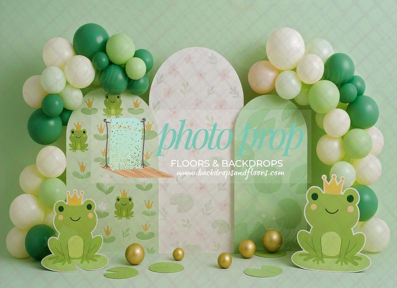 Frog Photography Backdrop - Balloon Arches, Gold, Green, Cream, Flowers ...
