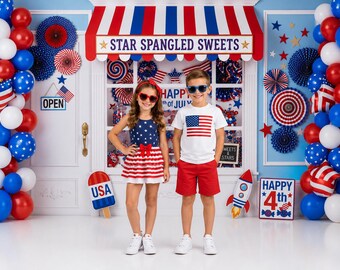 Patriotic Dessert Shop Photography Backdrop, Red White Blue Sweets Dessert Stand, July 4th Celebration Background