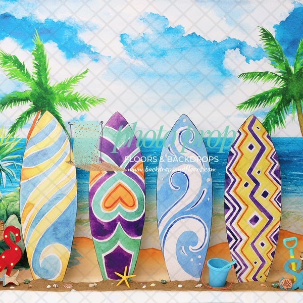 Surfing Photography Backdrop - Surf Board, Summer, Beach, Palm Trees, Flamingo, Ocean, Sand, Surfer, Surfs up, Tropical, Aloha, Hawaiian