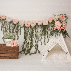 Chic 1st Birthday Photography Backdrop - Tepee, Tent, Hanging Greenery, Roses, One Year, Cake Smash, Party, Boho, Bohemian, Lace