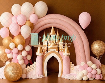 Surreal Gold & Pink Castle Photography Backdrop - Princess, Queen, One, Sparkling, Fairytale, Enchanted Cinderella Polka Dots Balloons Royal