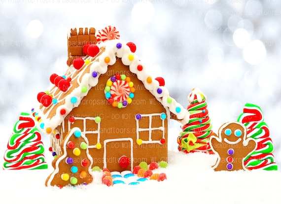 Gingerbread House 6x8FT Vinyl Photography Background Colorful Winter Snowy Christmas Winter Snow Pine Trees Full Moon Candy House Lollipops Backdrops Portraits Shooting Video Studio Props