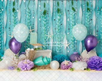 Mermaid Photography Backdrop - Beneath the Sea, Beachy, Starfish Ocean, Purple and Teal, Seashells, Cake Smash Childrens Photo Shoot