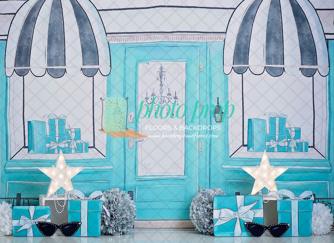 Store Backdrop Design Store Front Photography Backdrop Gift Bags, Boxes, Presents, Aqua Blue ...