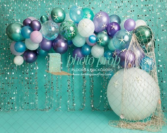 Shimmery Mermaid Photography Backdrop - Balloon Garland, Arch, Beach, Starfish, Beaded Curtain, Ocean, Purple, Teal, Green, The Sea