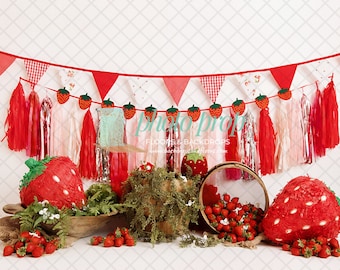 Strawberry Photography Backdrop, Strawberries, Two Sweet Fresh Picked Cake Smash, Fruit Farmers Market Birthday