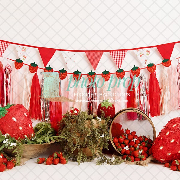 Strawberry Photography Backdrop - Shortcake, Strawberries, Two Sweet, Fresh Picked, Fruit, Jam, Greenery, Farmers Market Cake Smash Birthday