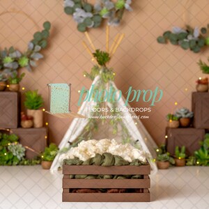 Eucalyptus Boho Tepee DIGITAL Photography Backdrop - Crate, Plants, Floral Hoops, Flowers, Wild One, Natural Minimalistic Neutral Tan Teepee