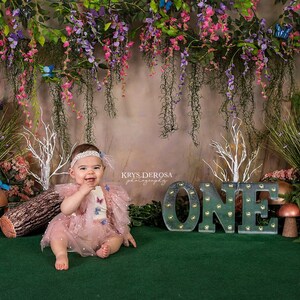 Enchanted Forest Photography Backdrop - Woodland Creatures, Logs, Greenery, Vines, Flowers, Fairy Tale, Magical, Woods, Cake smash, Party