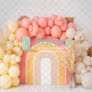 Neutral Boho Rainbow Balloon Arch Photography Backdrop - Natural, Peach, Cream, Garland, Pampas, Fans, Vase, Bohemian, Birthday, Cake Smash