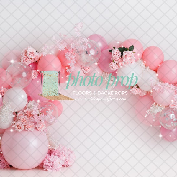 Elegant Floral & Roses Balloon Garland Photography Backdrop - Pink, White, Flowers, Floral,  Chic Baby Shower, Cake Smash, Birthday