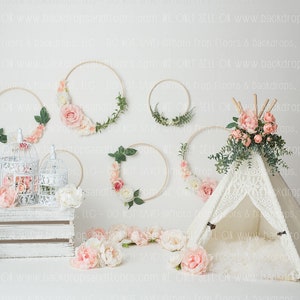 Chic 1st Floral Hoops Birthday Photography Backdrop - Tepee, Tent, Greenery, Roses, One Year, Cake Smash, Party, Boho Bohemian Teepee