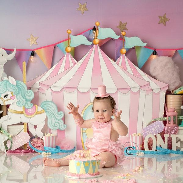 Pink & White Pastel Circus Photography Backdrop - Tent, Big Top, Carousel, Tickets, Carnival, Stars, Birthday, Popcorn, Stage, Cake Smash