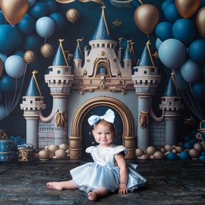 Royal Prince Blue & Gold Castle Photography Backdrop - Princess, Fairy Tale, Glass Slipper, Godmother, Magical Cinderella Upon A Time, Story