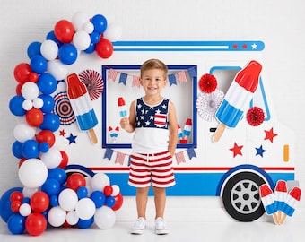 Patriotic Ice Cream Truck Photography Backdrop, Summer Americana Party Theme, Red White Blue Celebration Background