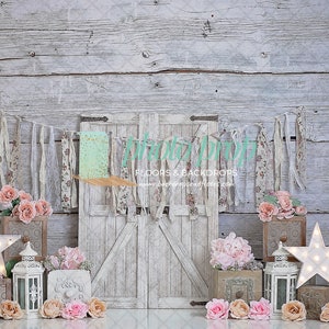 Chic Photography Backdrop Farmhouse, Roses, Flowers, Floral, One Year, Cake Smash Party, boho Bohemian Birthday, Rustic Wood Planks image 2