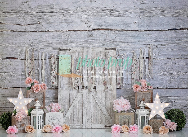 Chic Photography Backdrop Farmhouse, Roses, Flowers, Floral, One Year, Cake Smash Party, boho Bohemian Birthday, Rustic Wood Planks image 2