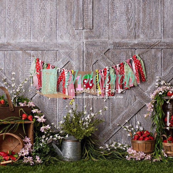 Strawberry Photography Backdrop - Cake Smash, Jars Jam, Strawberries, Two Sweet, Fresh Picked, Farmers Market Birthday Shortcake Fruit Stand