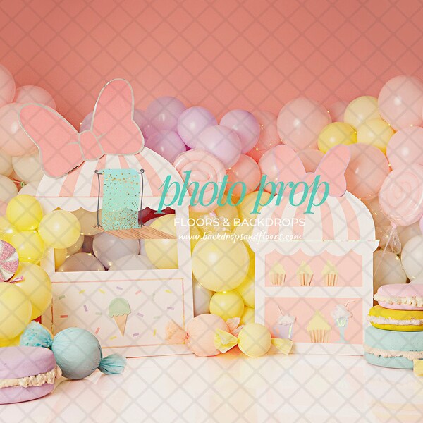 Pastel Lollipops & Macarons Photography Backdrop - Two Sweet, Candy, Desert, Balloon Wall, Cupcakes, Ice Cream Cones, Birthday, Cake Smash