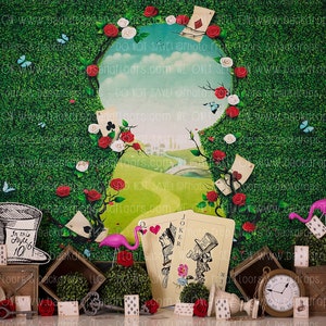 Alice In Wonderland Photography Backdrop - Onederland, Fairy Tale, Queen of Hearts, playing cards, Red Roses, Tea Party, Rabbit, Garden