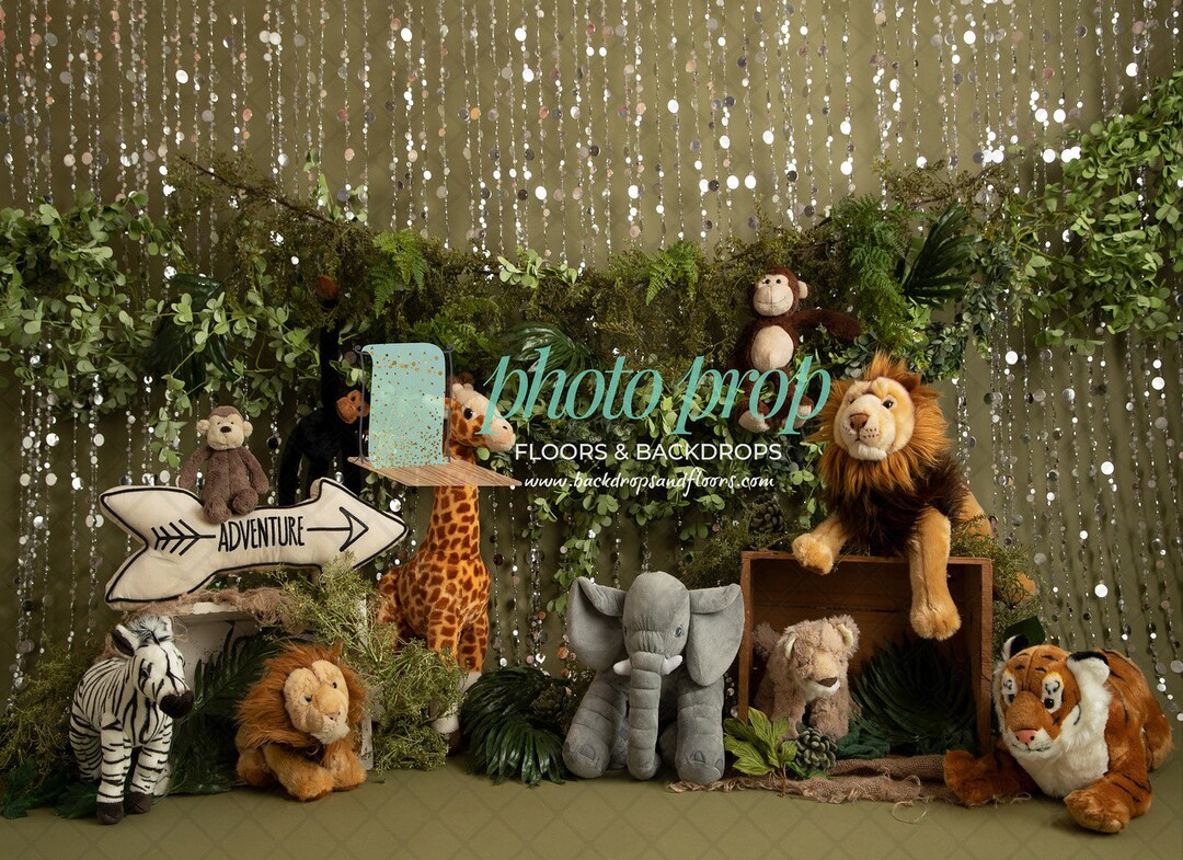 Jungle Safari Adventure Photography Backdrop Animal, Vines, Cake Smash, Giraffe, Elephant