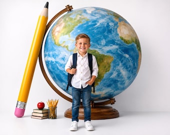 Giant Globe Photography Backdrop, Giant Pencil, School Books, Apple, Back to School Portraits, Teacher Classroom Graduation Background