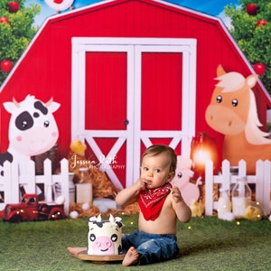 May include: A baby boy wearing a red bandana sits in front of a red barn backdrop with a cow and horse cutout. The baby is holding a cow-shaped cake with a pink nose and black eyes. The backdrop also features a white picket fence, hay bales, and a red toy truck.