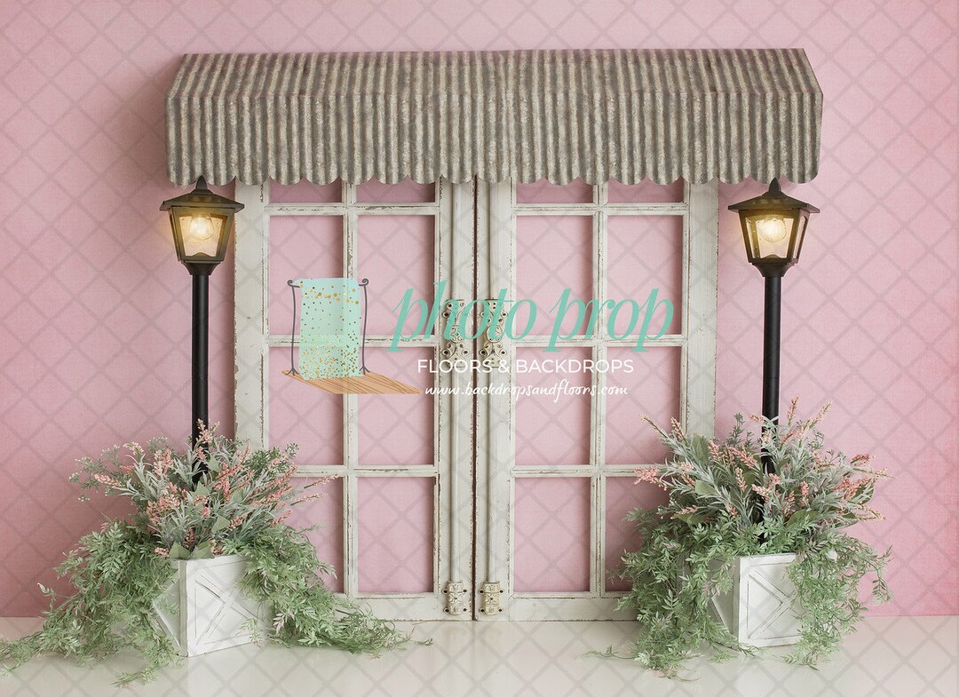 Pink Flower Shop Photography Backdrop Florist, Rustic Doors, Storefront