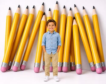 Giant Pencils Back to School Photography Backdrop, Yellow Pencils, School Supply Theme Preschool Kindergarten Portraits, Graduation Photos