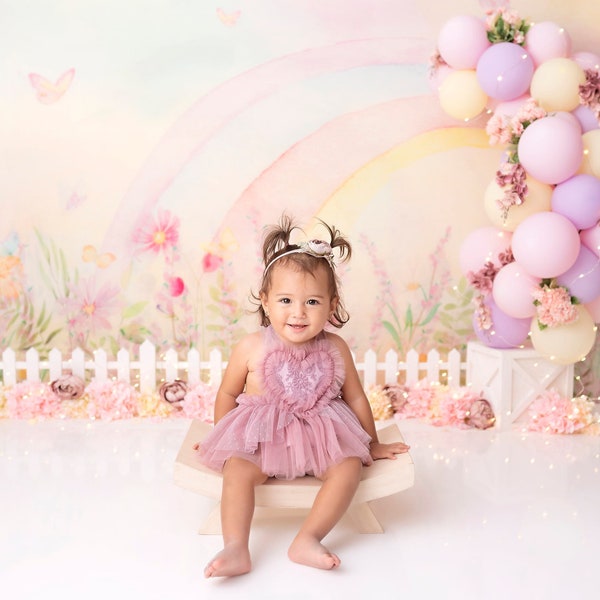 Pastel Rainbow Photography Backdrop - Butterfly, Butterflies, Garden, Purple, Flowers, Florals, White Picket Fence, Balloon Arch Chic