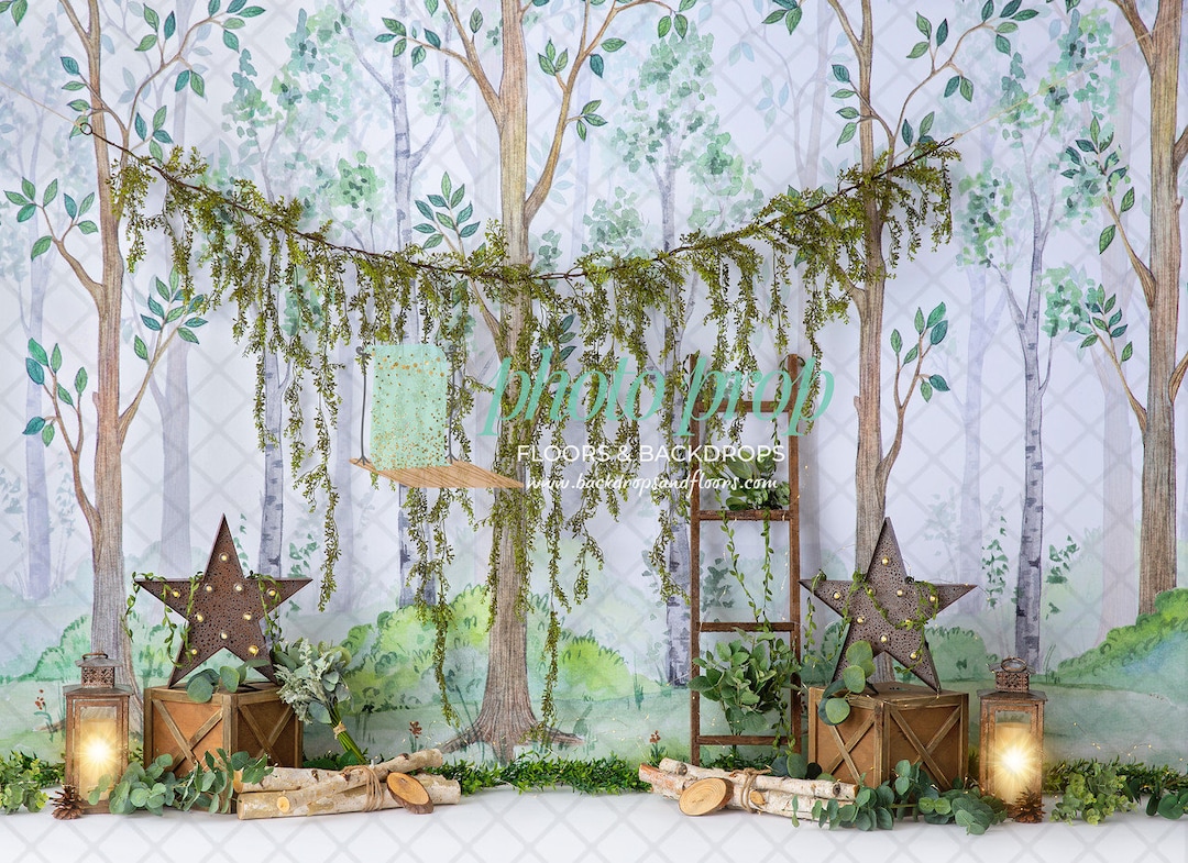 Woodland Forest Photography Backdrop - Woodland Logs, Birch Trees ...