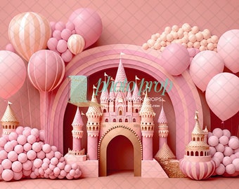 Surreal Gold & Pink Castle Photography Backdrop - Princess, Queen, Royal One, Fairytale, Enchanted, Cinderella, Polka Dots Balloons Sparkles