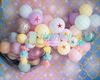 Pastel Mermaid Photography Backdrop - Glittery Mermaid Scales, Balloon Garland, Net, Stars, Beach, Fish, Starfish, The Sea Summer Surf Ocean